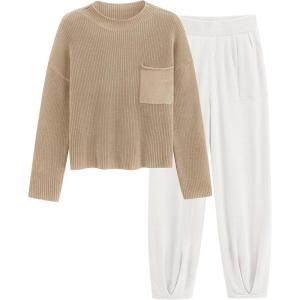 PRETTYGARDEN Two Piece Sets for Women 2026 Pullover Sweater High Waisted Sweatpants Tracksuit Lounge Set Fall Winter Outfits(Khaki Beige White)