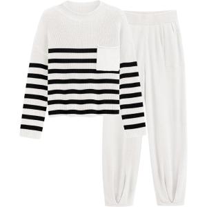 PRETTYGARDEN Two Piece Sets for Women 2026 Pullover Sweater High Waisted Sweatpants Tracksuit Lounge Set Fall Winter Outfits(Striped White)