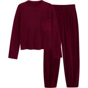 PRETTYGARDEN Two Piece Sets for Women 2026 Pullover Sweater High Waisted Sweatpants Tracksuit Lounge Set Fall Winter Outfits(Wine Red)