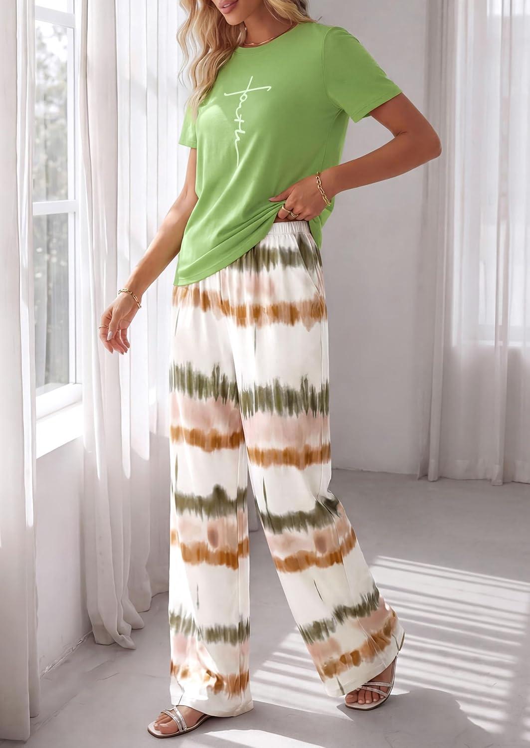 imagePRETTYGARDEN Womens 2 Piece Pajama Sets Summer 2026 Matching Lounge Outfits Short Sleeve Printed Sleepwear Spring PJ SetGreen