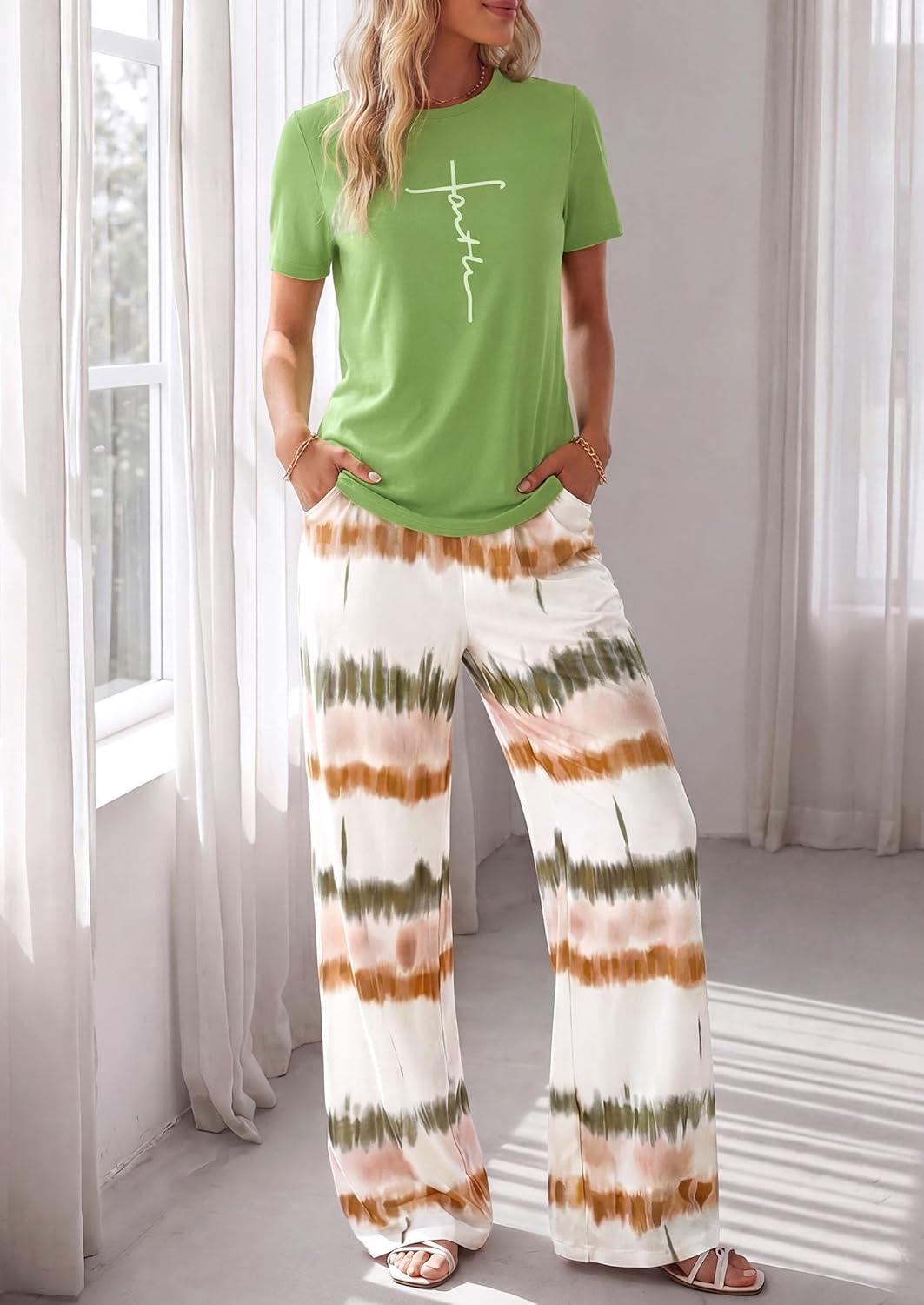 imagePRETTYGARDEN Womens 2 Piece Pajama Sets Summer 2026 Matching Lounge Outfits Short Sleeve Printed Sleepwear Spring PJ SetGreen