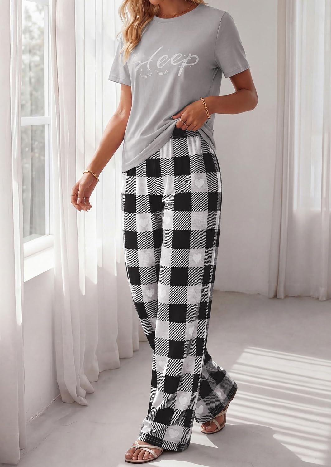 imagePRETTYGARDEN Womens 2 Piece Pajama Sets Summer 2026 Matching Lounge Outfits Short Sleeve Printed Sleepwear Spring PJ SetGrey