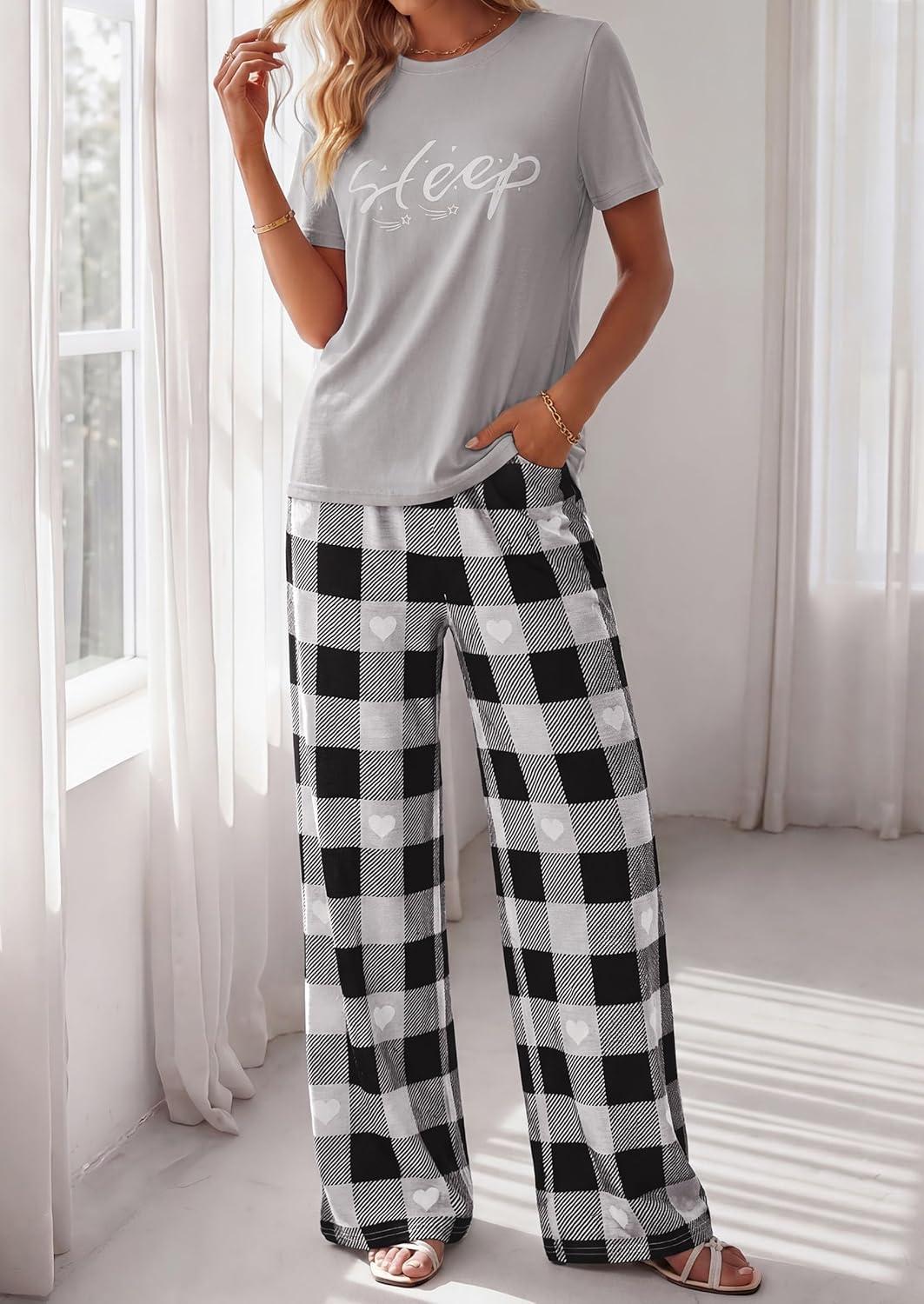 imagePRETTYGARDEN Womens 2 Piece Pajama Sets Summer 2026 Matching Lounge Outfits Short Sleeve Printed Sleepwear Spring PJ SetGrey