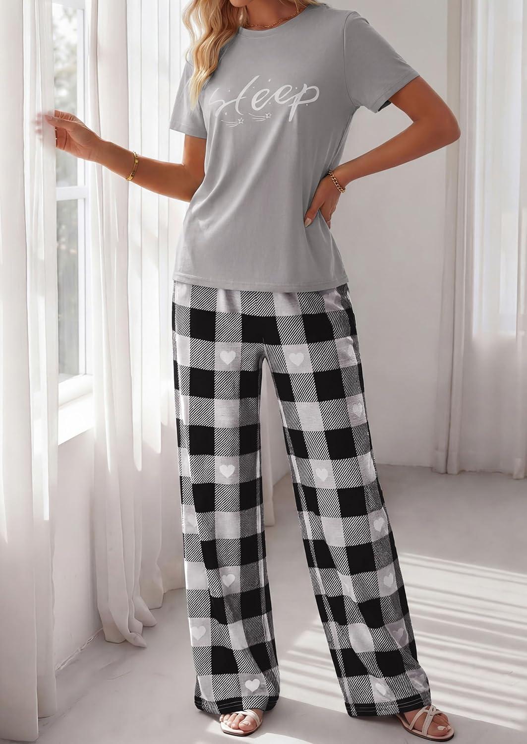 imagePRETTYGARDEN Womens 2 Piece Pajama Sets Summer 2026 Matching Lounge Outfits Short Sleeve Printed Sleepwear Spring PJ SetGrey