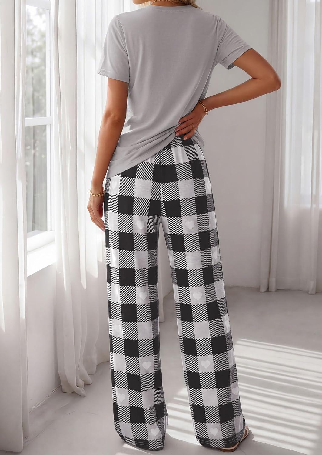 imagePRETTYGARDEN Womens 2 Piece Pajama Sets Summer 2026 Matching Lounge Outfits Short Sleeve Printed Sleepwear Spring PJ SetGrey