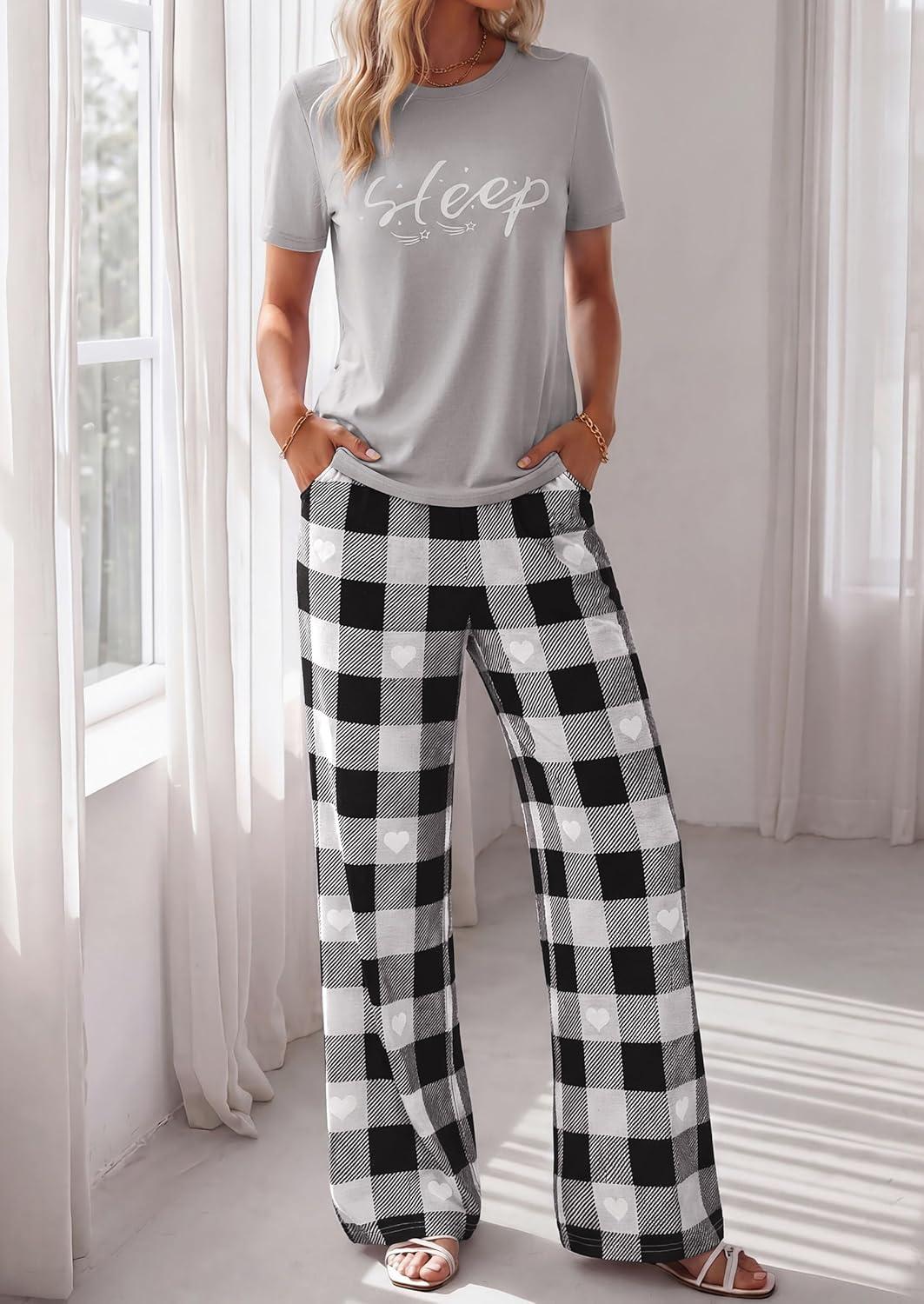 imagePRETTYGARDEN Womens 2 Piece Pajama Sets Summer 2026 Matching Lounge Outfits Short Sleeve Printed Sleepwear Spring PJ SetGrey