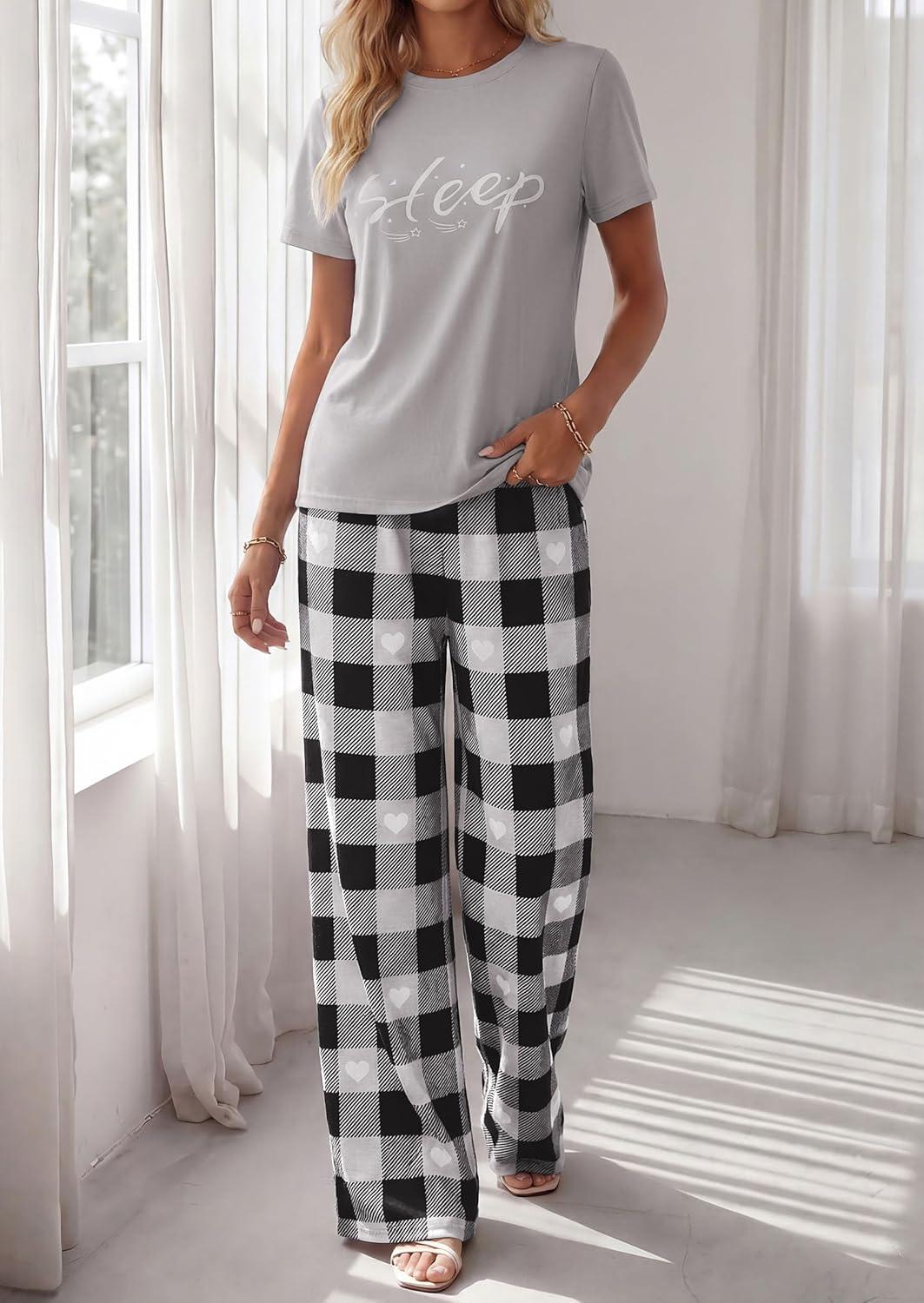 imagePRETTYGARDEN Womens 2 Piece Pajama Sets Summer 2026 Matching Lounge Outfits Short Sleeve Printed Sleepwear Spring PJ SetGrey