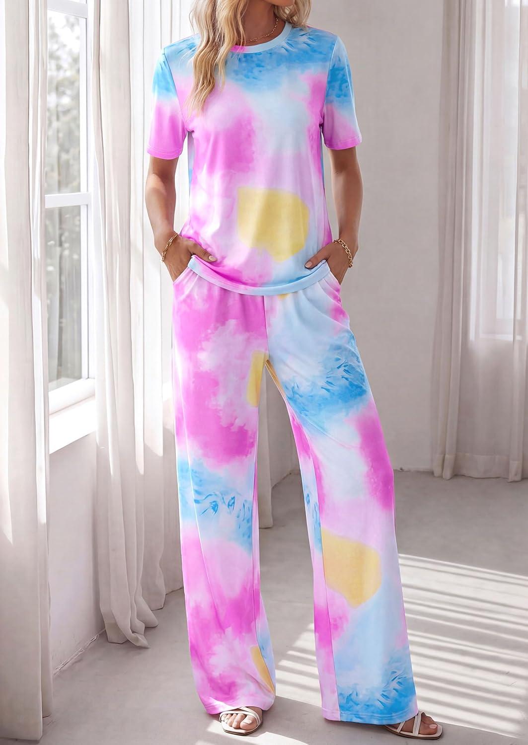 imagePRETTYGARDEN Womens 2 Piece Pajama Sets Summer 2026 Matching Lounge Outfits Short Sleeve Printed Sleepwear Spring PJ SetMulticolor
