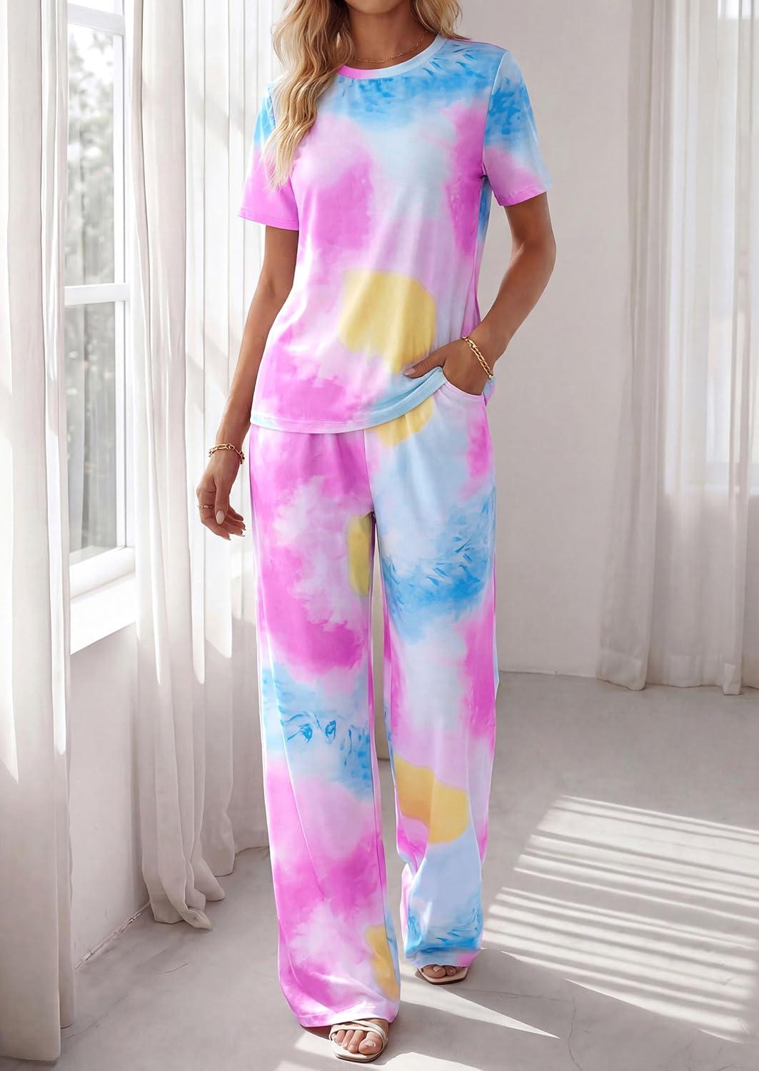 imagePRETTYGARDEN Womens 2 Piece Pajama Sets Summer 2026 Matching Lounge Outfits Short Sleeve Printed Sleepwear Spring PJ SetMulticolor