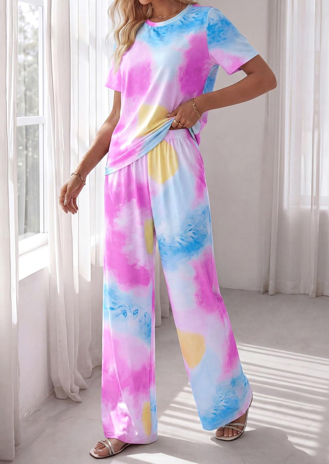 imagePRETTYGARDEN Womens 2 Piece Pajama Sets Summer 2026 Matching Lounge Outfits Short Sleeve Printed Sleepwear Spring PJ SetMulticolor
