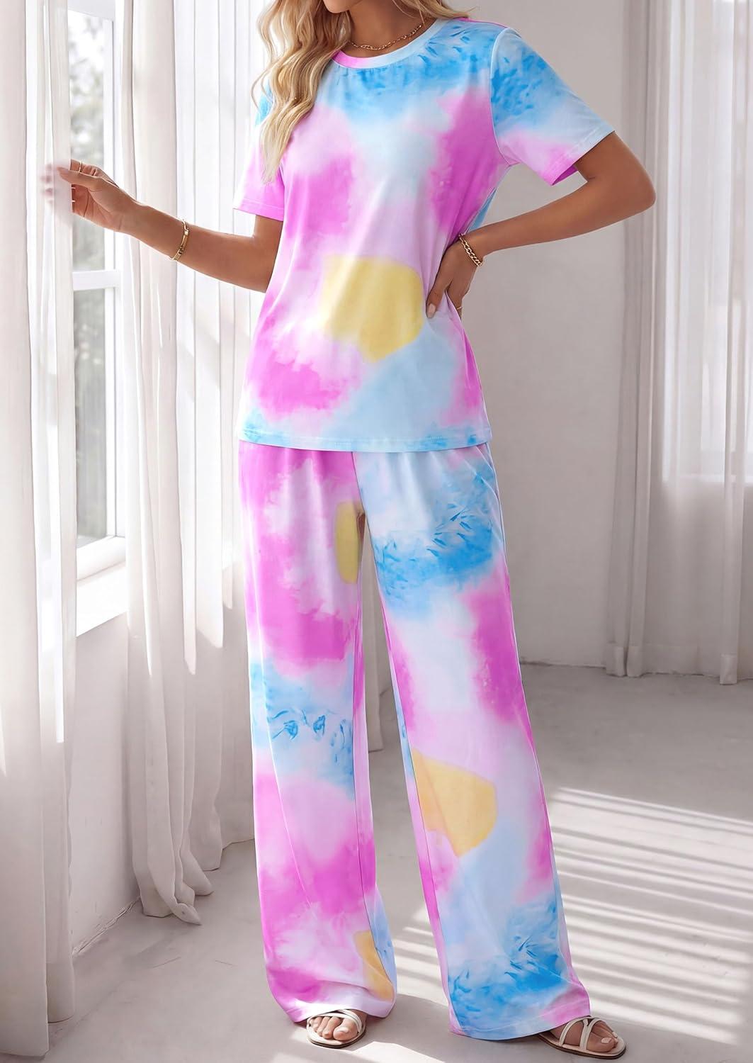 imagePRETTYGARDEN Womens 2 Piece Pajama Sets Summer 2026 Matching Lounge Outfits Short Sleeve Printed Sleepwear Spring PJ SetMulticolor