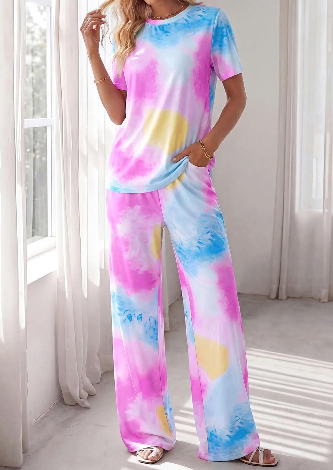 imagePRETTYGARDEN Womens 2 Piece Pajama Sets Summer 2026 Matching Lounge Outfits Short Sleeve Printed Sleepwear Spring PJ SetMulticolor