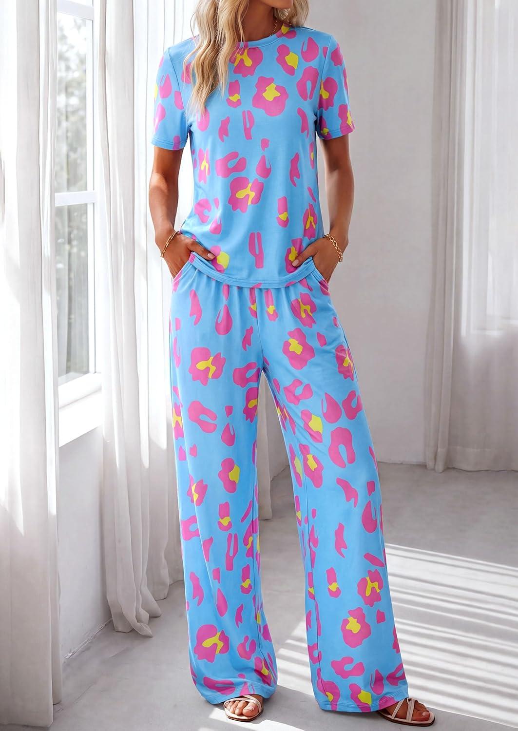 imagePRETTYGARDEN Womens 2 Piece Pajama Sets Summer 2026 Matching Lounge Outfits Short Sleeve Printed Sleepwear Spring PJ SetMulticolor Leopard