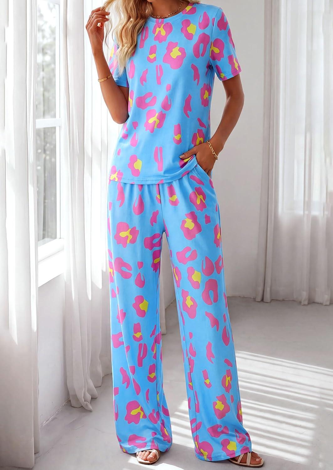 imagePRETTYGARDEN Womens 2 Piece Pajama Sets Summer 2026 Matching Lounge Outfits Short Sleeve Printed Sleepwear Spring PJ SetMulticolor Leopard