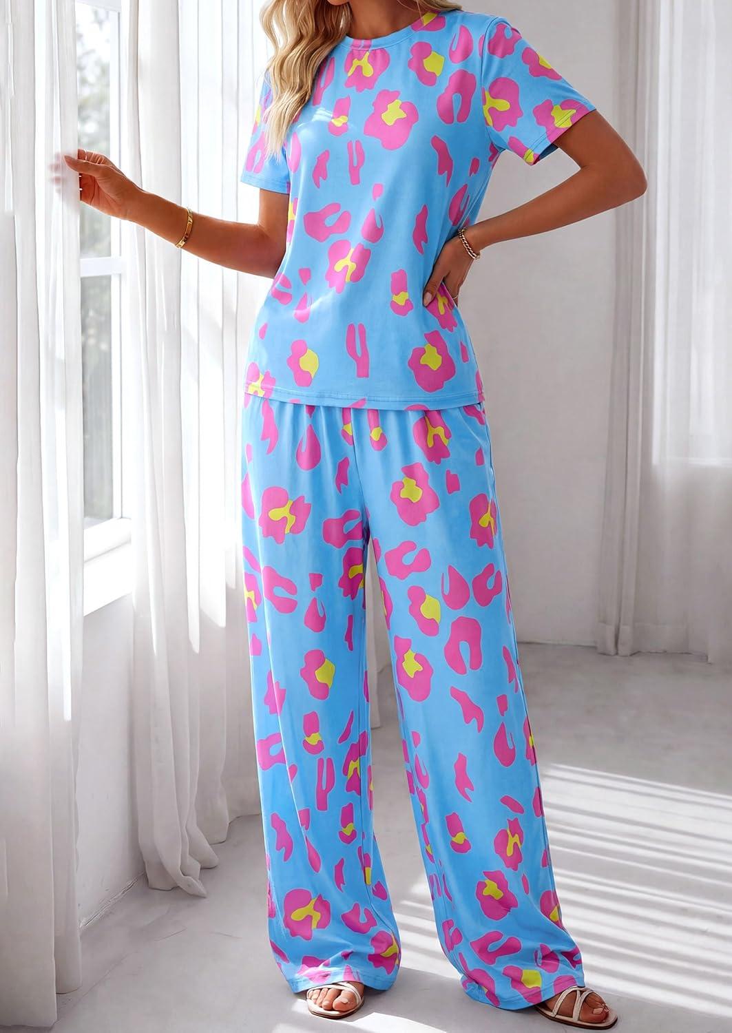 imagePRETTYGARDEN Womens 2 Piece Pajama Sets Summer 2026 Matching Lounge Outfits Short Sleeve Printed Sleepwear Spring PJ SetMulticolor Leopard