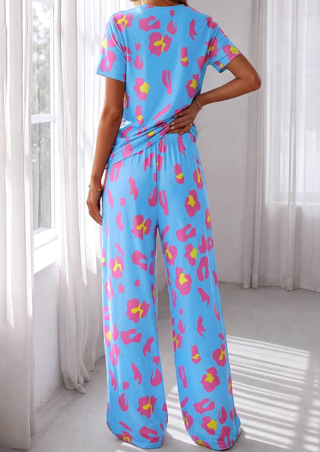 imagePRETTYGARDEN Womens 2 Piece Pajama Sets Summer 2026 Matching Lounge Outfits Short Sleeve Printed Sleepwear Spring PJ SetMulticolor Leopard