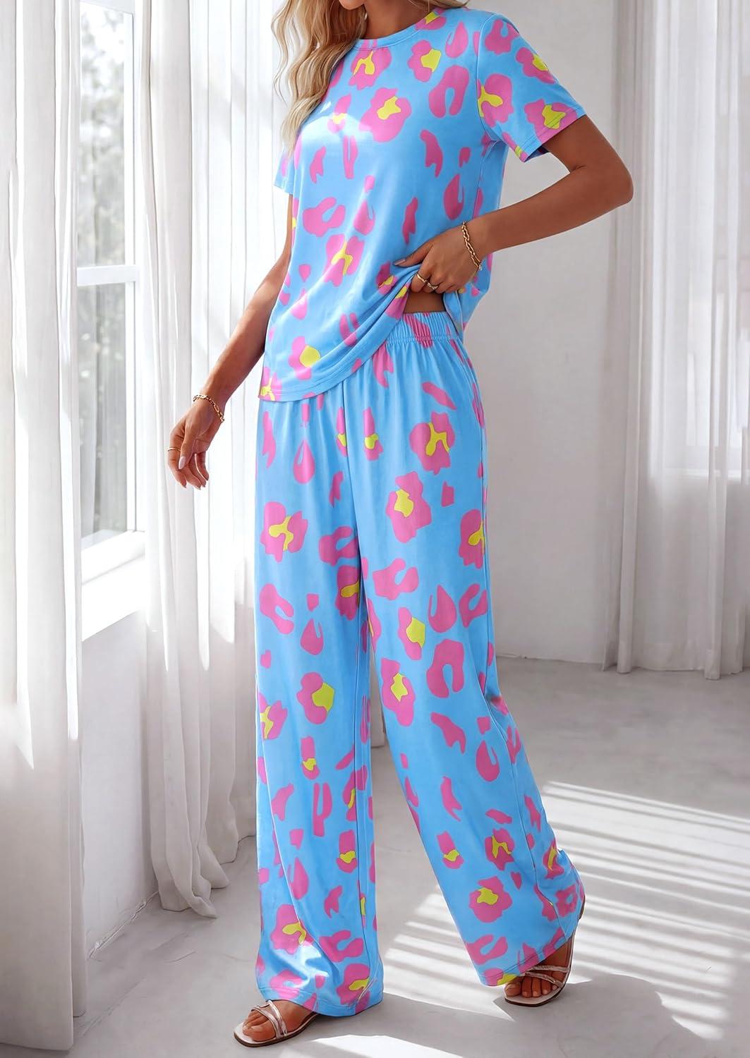imagePRETTYGARDEN Womens 2 Piece Pajama Sets Summer 2026 Matching Lounge Outfits Short Sleeve Printed Sleepwear Spring PJ SetMulticolor Leopard