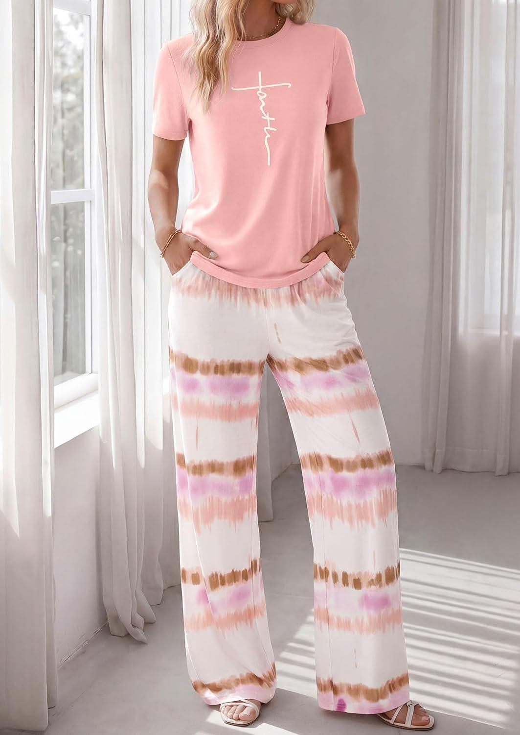 imagePRETTYGARDEN Womens 2 Piece Pajama Sets Summer 2026 Matching Lounge Outfits Short Sleeve Printed Sleepwear Spring PJ SetPink