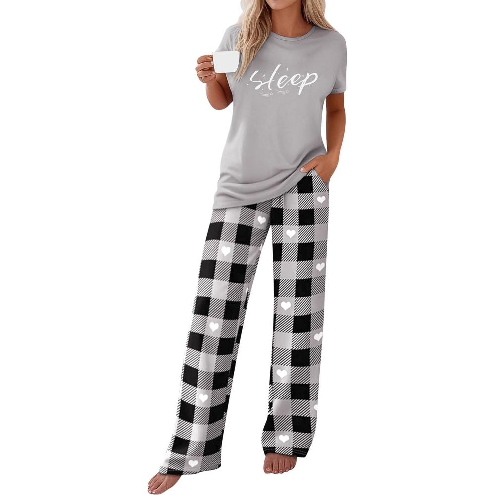imagePRETTYGARDEN Womens 2 Piece Pajama Sets Summer 2026 Matching Lounge Outfits Short Sleeve Printed Sleepwear Spring PJ SetGrey