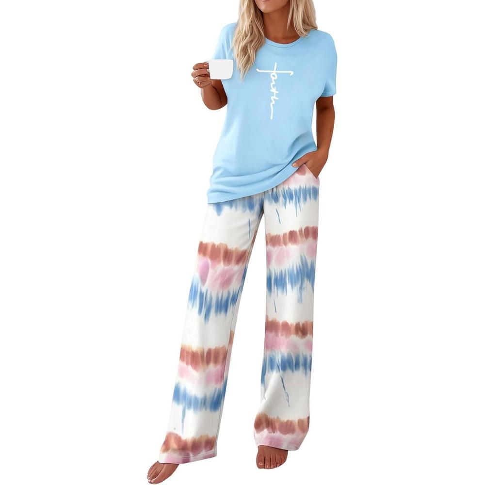 imagePRETTYGARDEN Womens 2 Piece Pajama Sets Summer 2026 Matching Lounge Outfits Short Sleeve Printed Sleepwear Spring PJ SetLight Blue