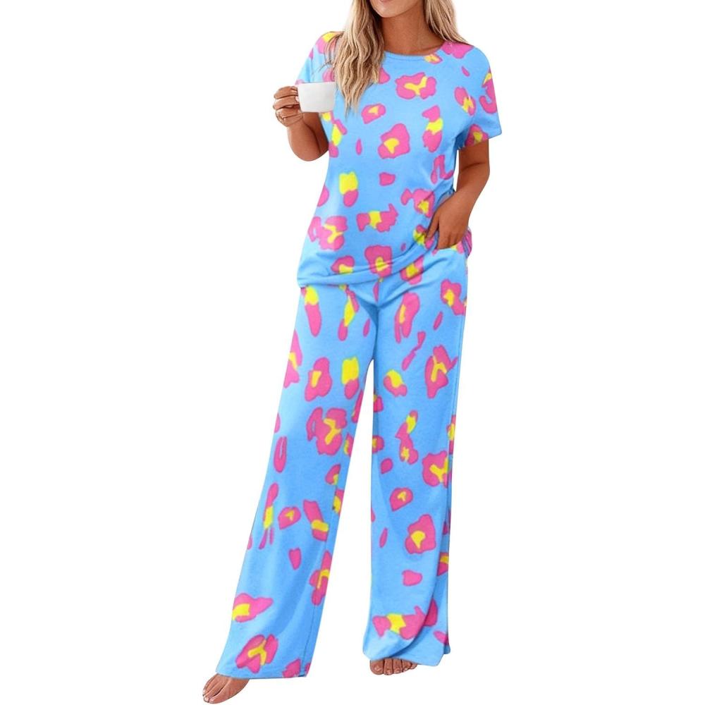 imagePRETTYGARDEN Womens 2 Piece Pajama Sets Summer 2026 Matching Lounge Outfits Short Sleeve Printed Sleepwear Spring PJ SetMulticolor Leopard