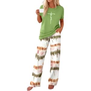 PRETTYGARDEN Women’s 2 Piece Pajama Sets Summer 2026 Matching Lounge Outfits Short Sleeve Printed Sleepwear Spring PJ Set(Green)