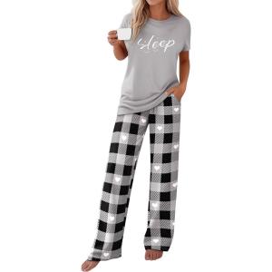 PRETTYGARDEN Women’s 2 Piece Pajama Sets Summer 2026 Matching Lounge Outfits Short Sleeve Printed Sleepwear Spring PJ Set(Grey)