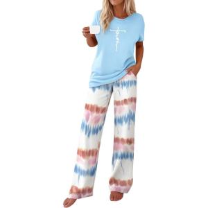 PRETTYGARDEN Women’s 2 Piece Pajama Sets Summer 2026 Matching Lounge Outfits Short Sleeve Printed Sleepwear Spring PJ Set(Light Blue)