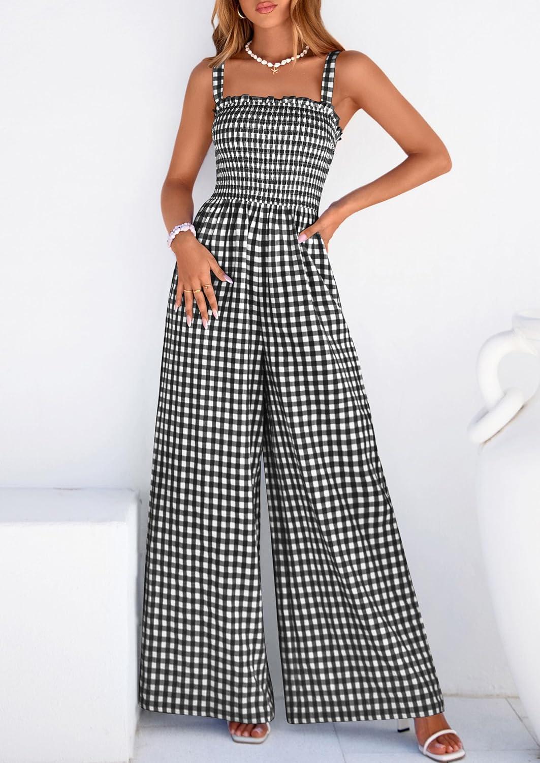 imagePRETTYGARDEN One Piece Jumpsuits for Women 2026 Summer Sleeveless Smocked Gingham Wide Leg Date Night Rompers Spring OutfitsBlack
