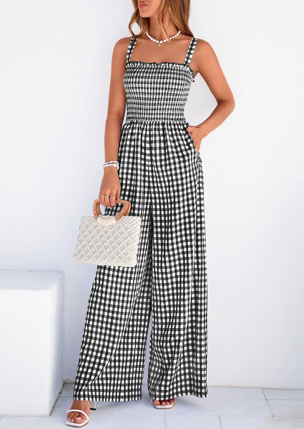 imagePRETTYGARDEN One Piece Jumpsuits for Women 2026 Summer Sleeveless Smocked Gingham Wide Leg Date Night Rompers Spring OutfitsBlack