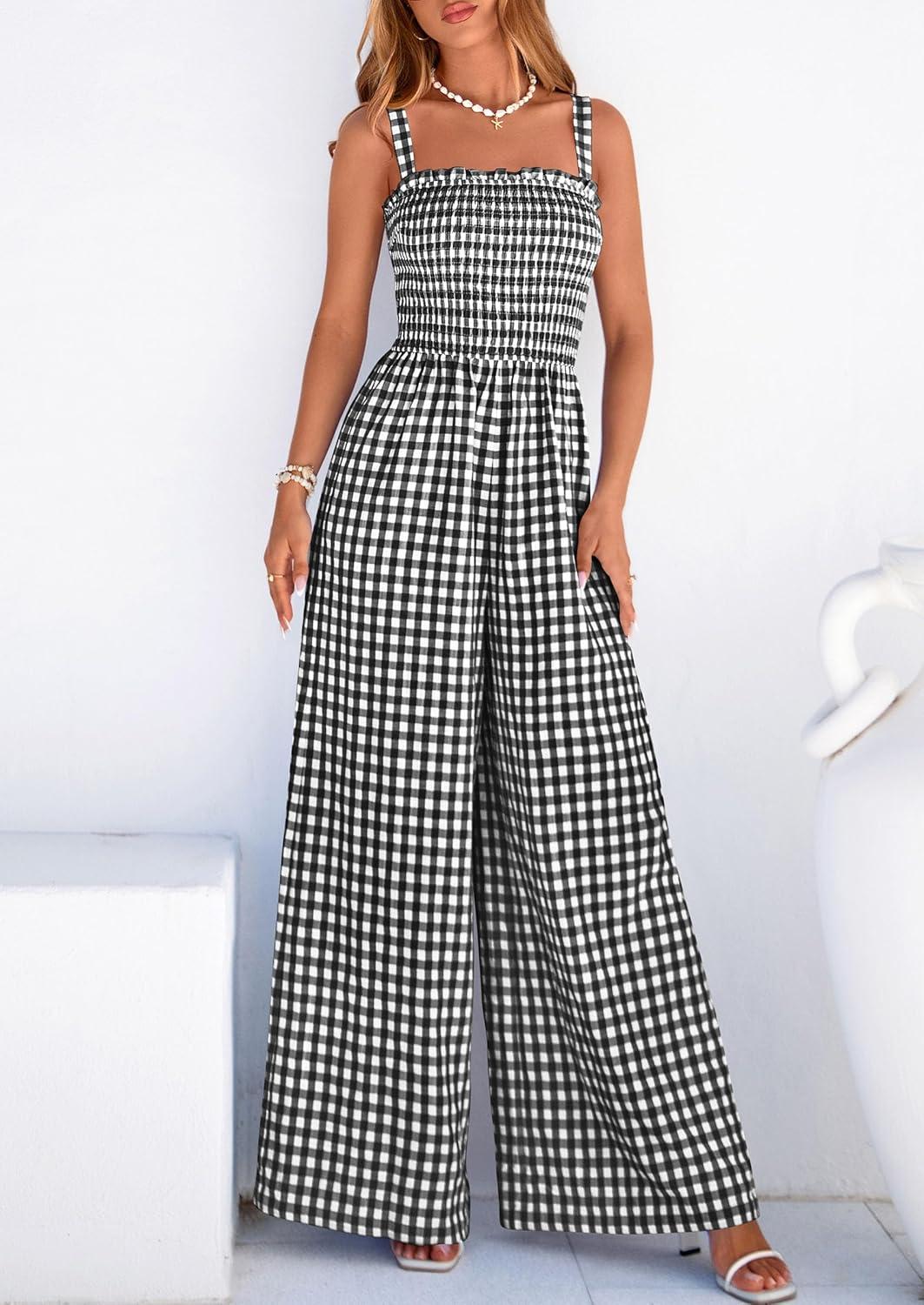 imagePRETTYGARDEN One Piece Jumpsuits for Women 2026 Summer Sleeveless Smocked Gingham Wide Leg Date Night Rompers Spring OutfitsBlack