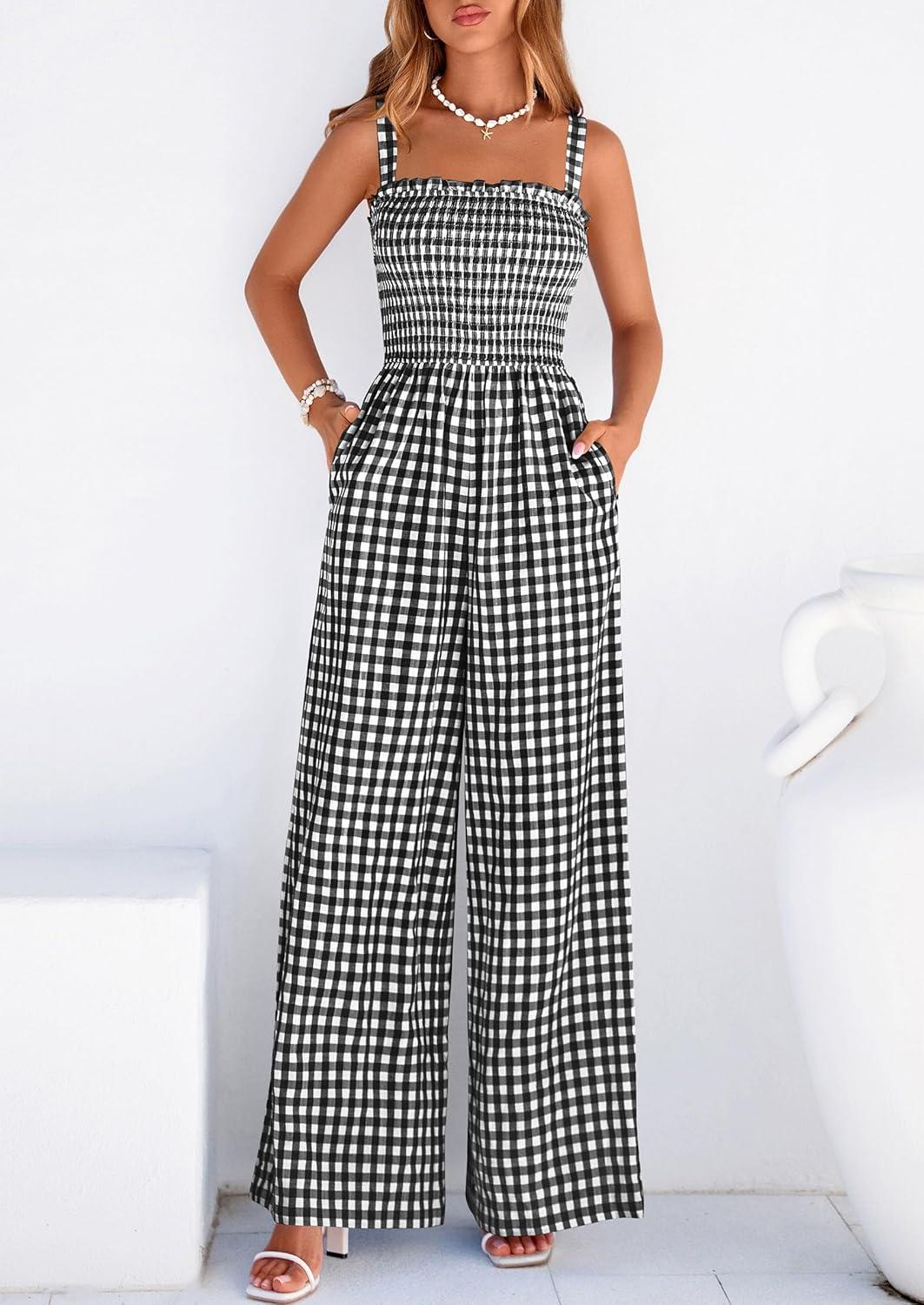 imagePRETTYGARDEN One Piece Jumpsuits for Women 2026 Summer Sleeveless Smocked Gingham Wide Leg Date Night Rompers Spring OutfitsBlack