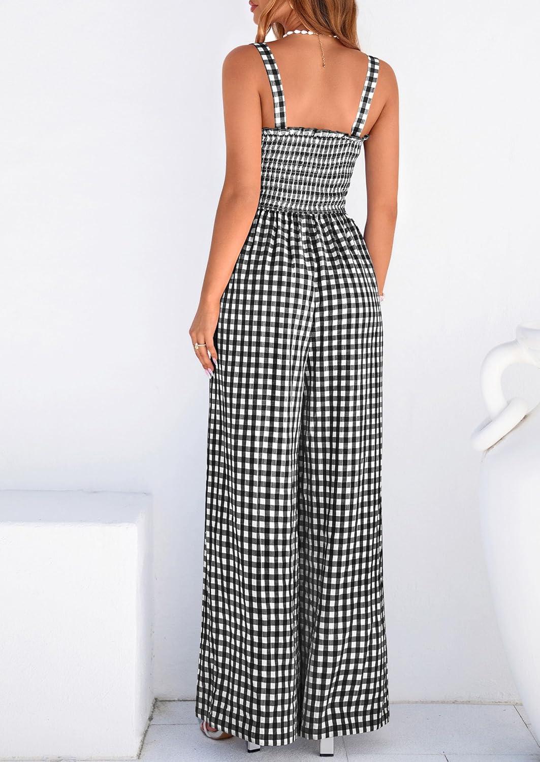 imagePRETTYGARDEN One Piece Jumpsuits for Women 2026 Summer Sleeveless Smocked Gingham Wide Leg Date Night Rompers Spring OutfitsBlack