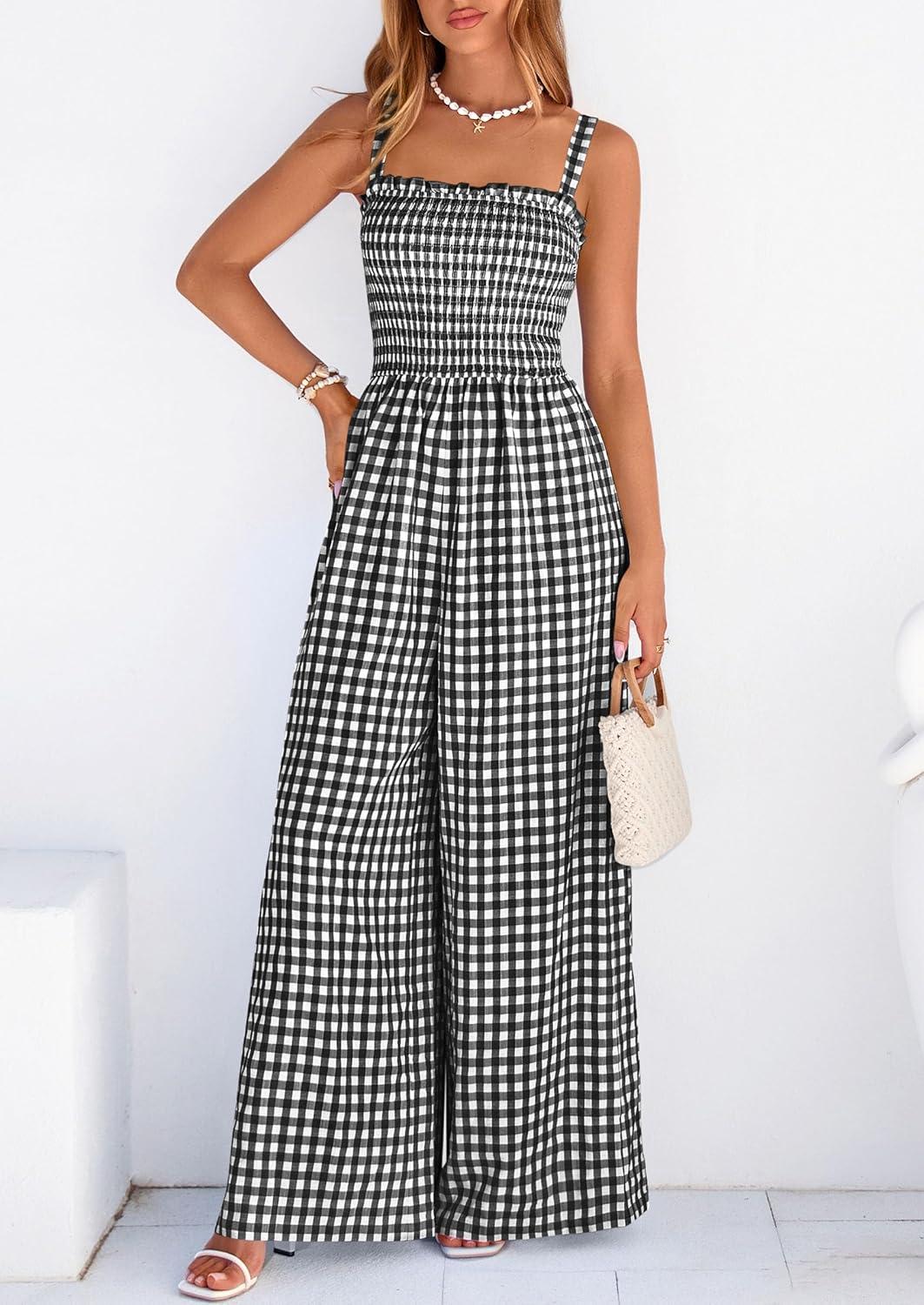 imagePRETTYGARDEN One Piece Jumpsuits for Women 2026 Summer Sleeveless Smocked Gingham Wide Leg Date Night Rompers Spring OutfitsBlack