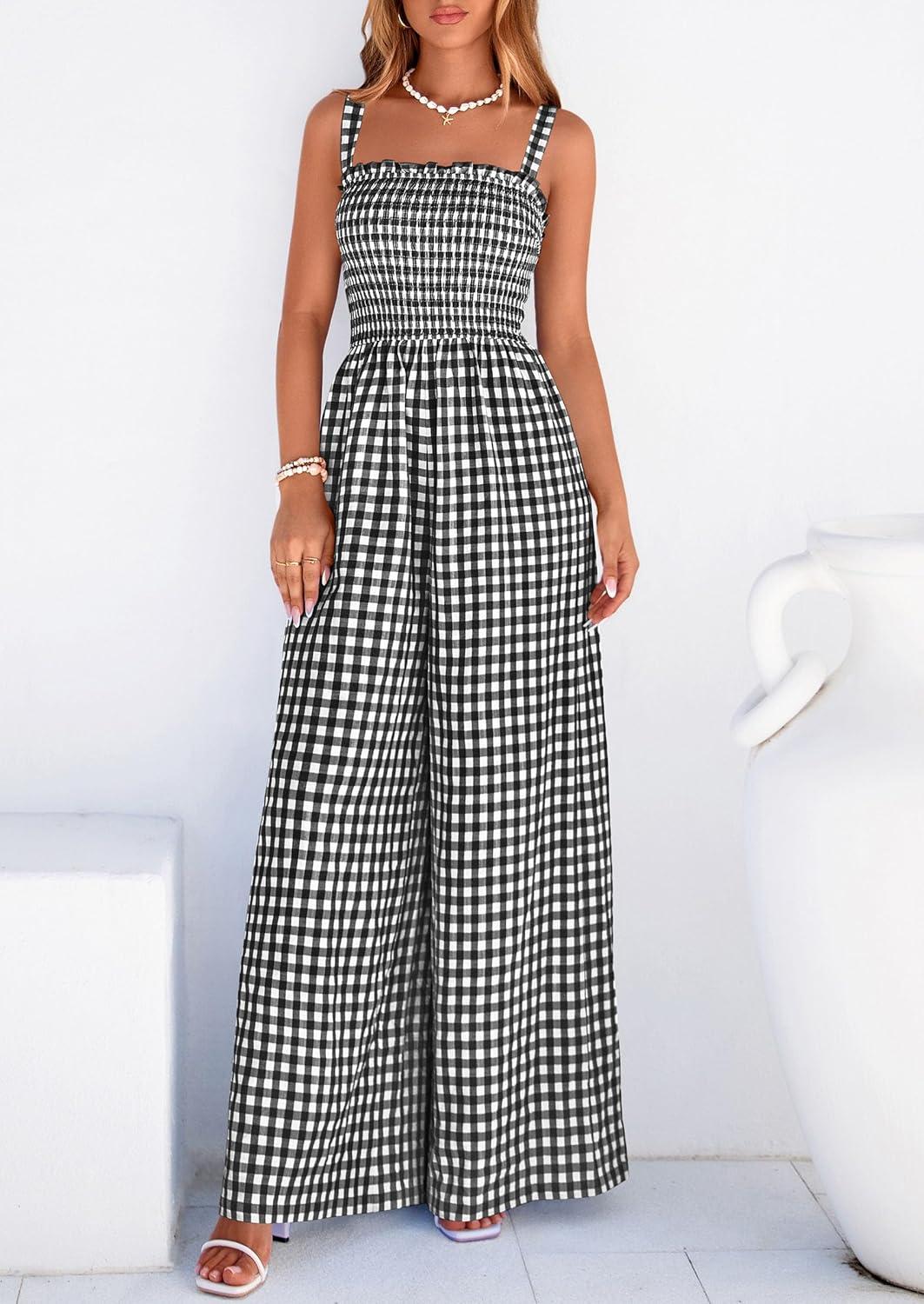 imagePRETTYGARDEN One Piece Jumpsuits for Women 2026 Summer Sleeveless Smocked Gingham Wide Leg Date Night Rompers Spring OutfitsBlack