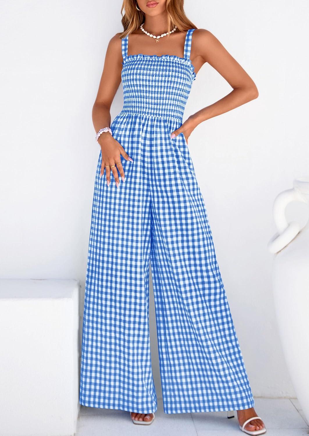 imagePRETTYGARDEN One Piece Jumpsuits for Women 2026 Summer Sleeveless Smocked Gingham Wide Leg Date Night Rompers Spring OutfitsBlue
