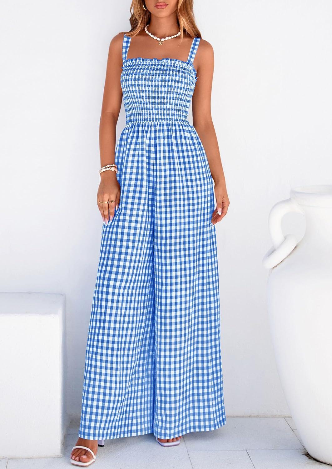imagePRETTYGARDEN One Piece Jumpsuits for Women 2026 Summer Sleeveless Smocked Gingham Wide Leg Date Night Rompers Spring OutfitsBlue