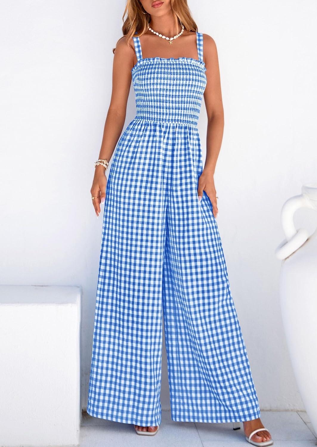 imagePRETTYGARDEN One Piece Jumpsuits for Women 2026 Summer Sleeveless Smocked Gingham Wide Leg Date Night Rompers Spring OutfitsBlue