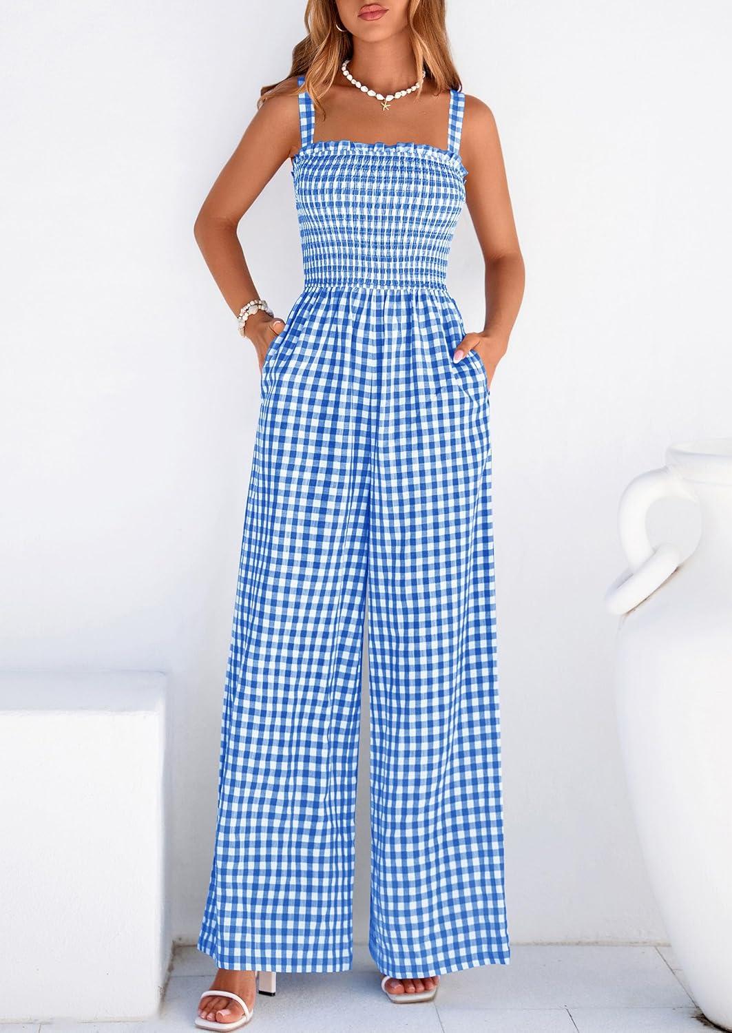 imagePRETTYGARDEN One Piece Jumpsuits for Women 2026 Summer Sleeveless Smocked Gingham Wide Leg Date Night Rompers Spring OutfitsBlue
