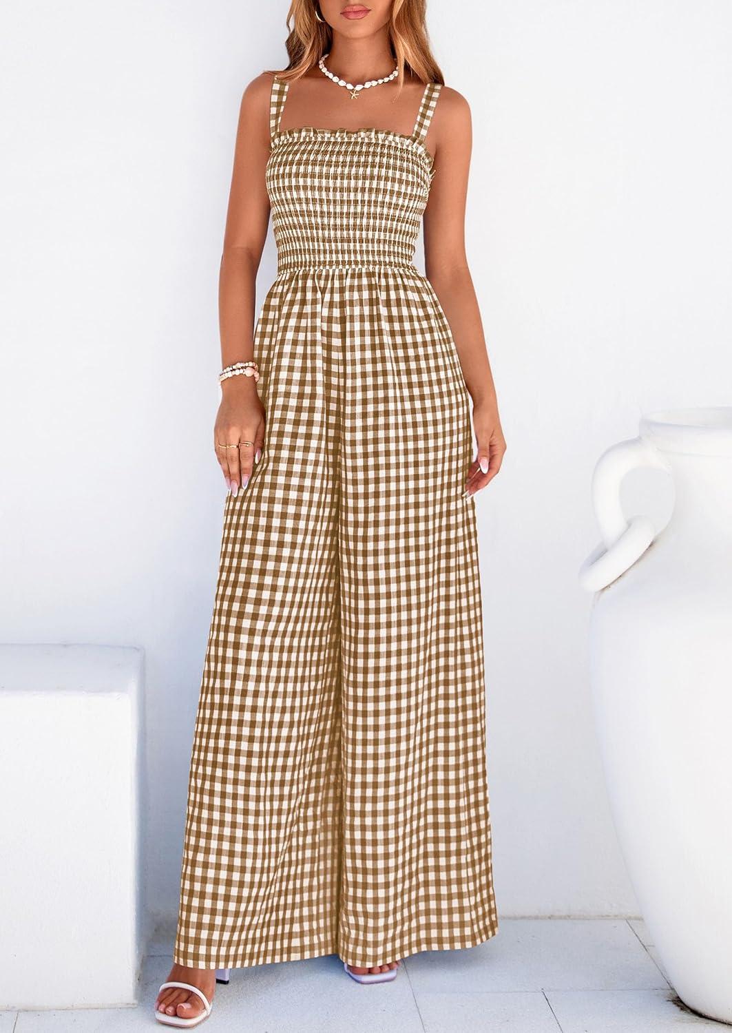 imagePRETTYGARDEN One Piece Jumpsuits for Women 2026 Summer Sleeveless Smocked Gingham Wide Leg Date Night Rompers Spring OutfitsBrown