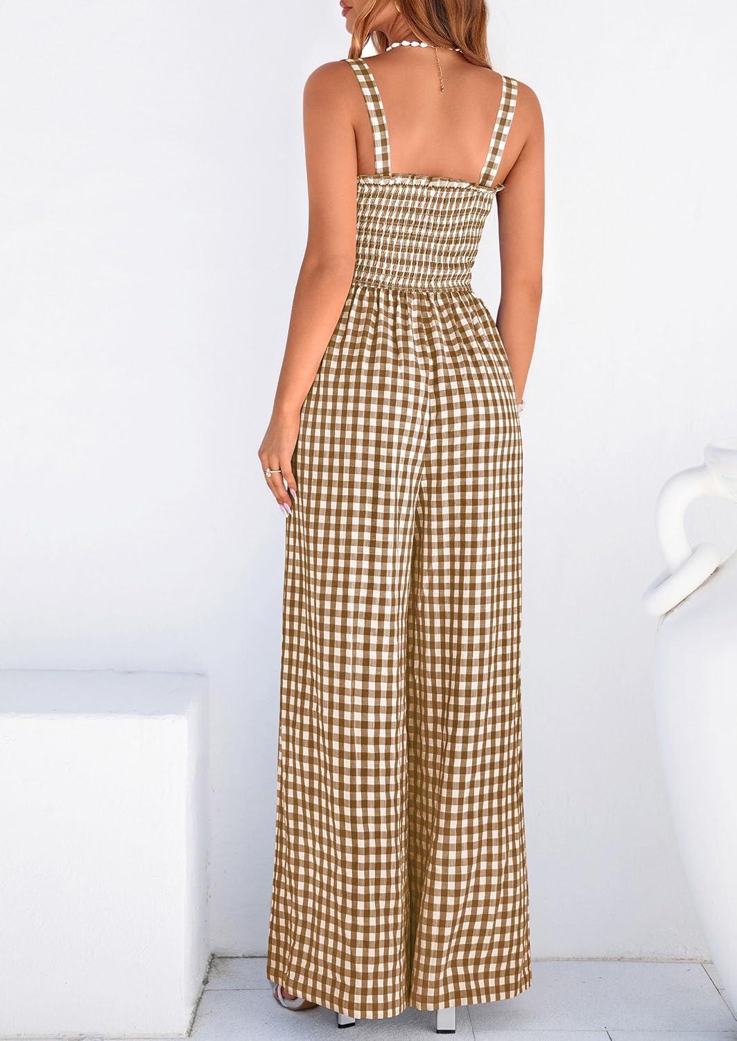 imagePRETTYGARDEN One Piece Jumpsuits for Women 2026 Summer Sleeveless Smocked Gingham Wide Leg Date Night Rompers Spring OutfitsBrown