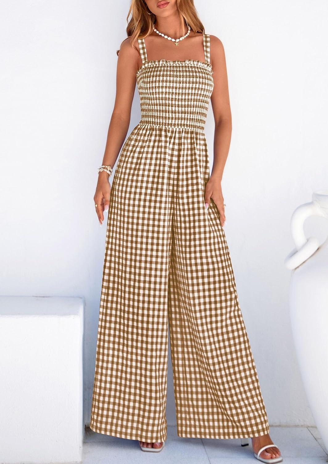 imagePRETTYGARDEN One Piece Jumpsuits for Women 2026 Summer Sleeveless Smocked Gingham Wide Leg Date Night Rompers Spring OutfitsBrown
