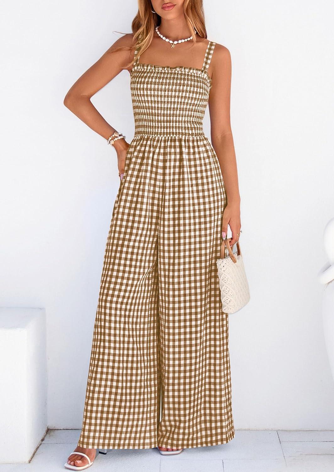 imagePRETTYGARDEN One Piece Jumpsuits for Women 2026 Summer Sleeveless Smocked Gingham Wide Leg Date Night Rompers Spring OutfitsBrown