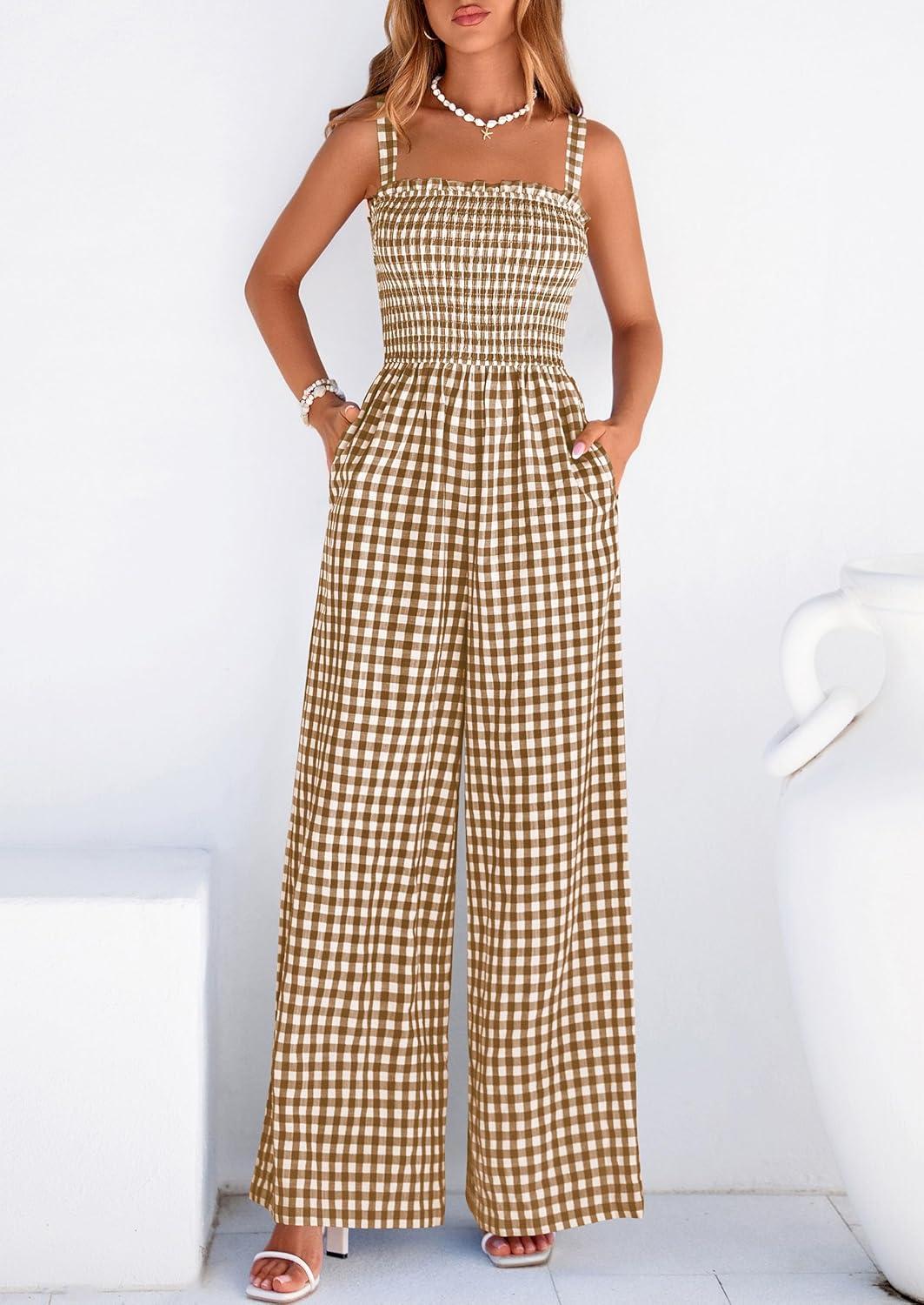 imagePRETTYGARDEN One Piece Jumpsuits for Women 2026 Summer Sleeveless Smocked Gingham Wide Leg Date Night Rompers Spring OutfitsBrown