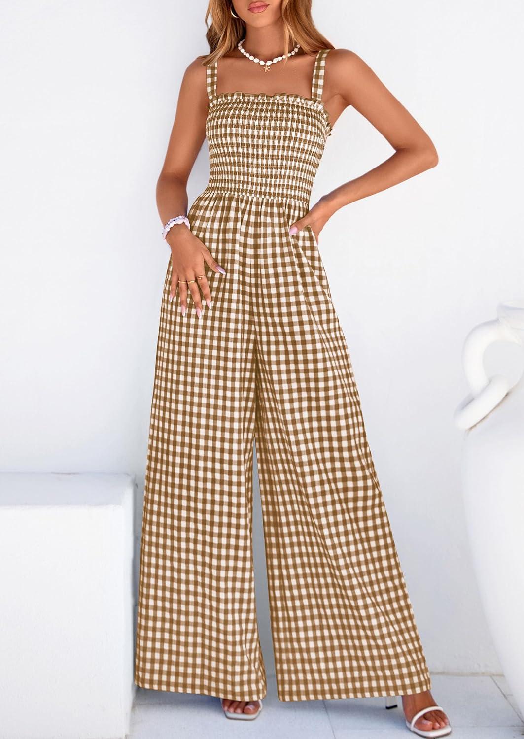 imagePRETTYGARDEN One Piece Jumpsuits for Women 2026 Summer Sleeveless Smocked Gingham Wide Leg Date Night Rompers Spring OutfitsBrown