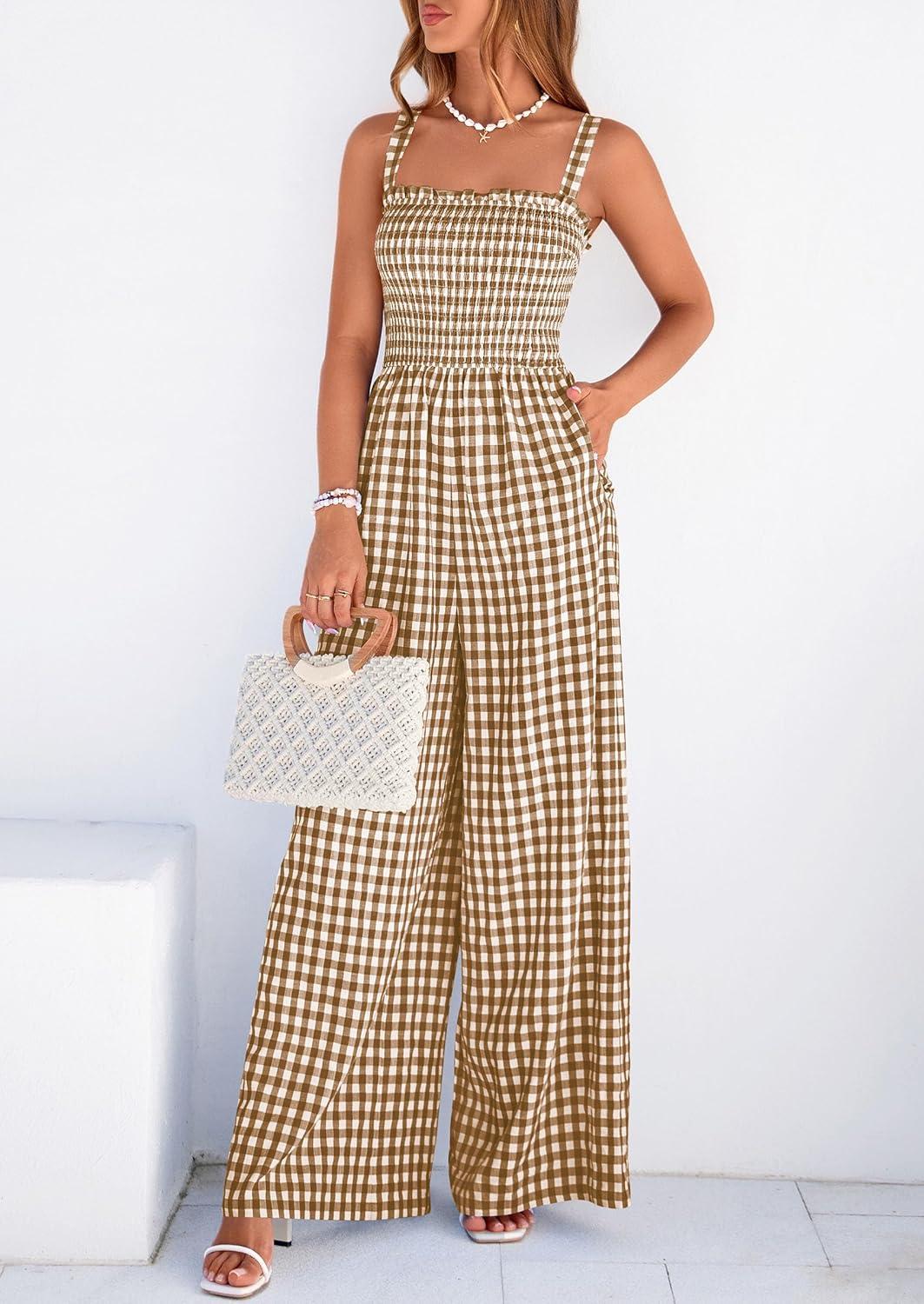 imagePRETTYGARDEN One Piece Jumpsuits for Women 2026 Summer Sleeveless Smocked Gingham Wide Leg Date Night Rompers Spring OutfitsBrown