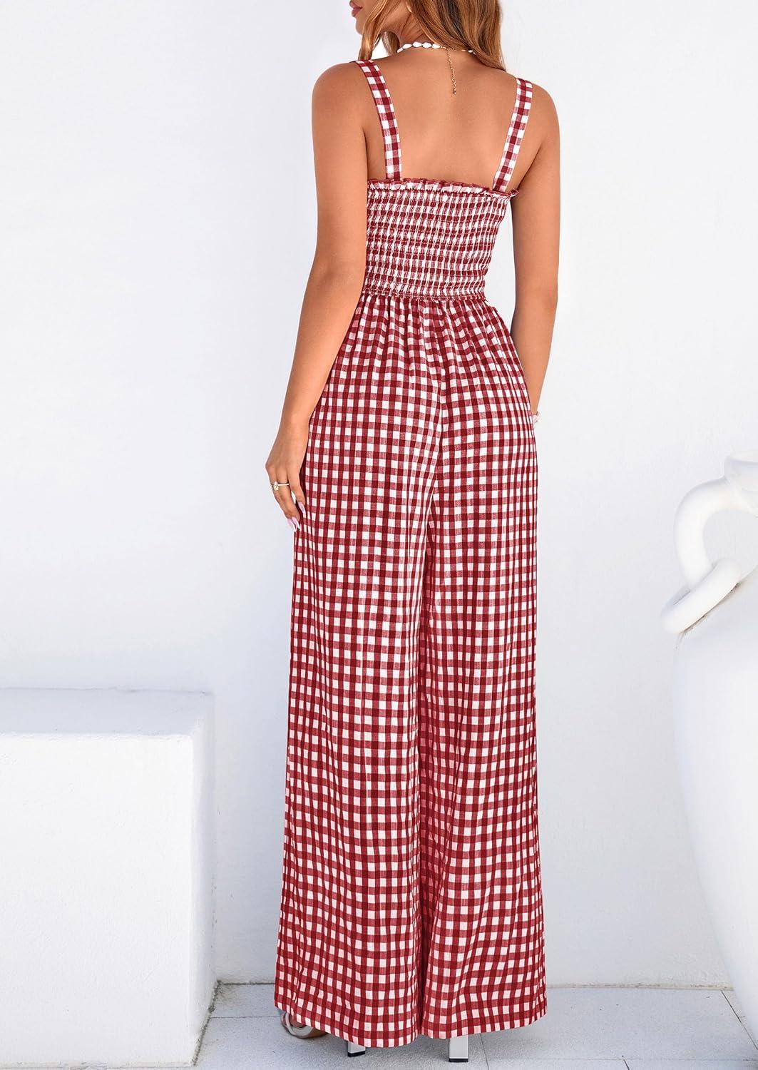 imagePRETTYGARDEN One Piece Jumpsuits for Women 2026 Summer Sleeveless Smocked Gingham Wide Leg Date Night Rompers Spring OutfitsBurgundy