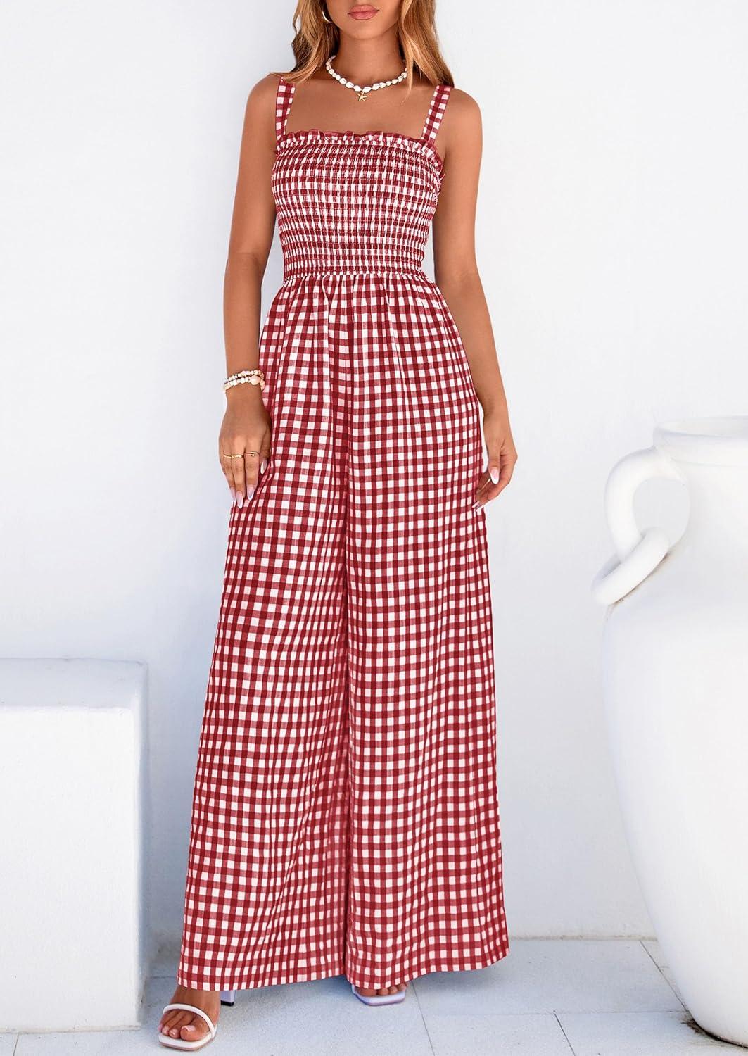 imagePRETTYGARDEN One Piece Jumpsuits for Women 2026 Summer Sleeveless Smocked Gingham Wide Leg Date Night Rompers Spring OutfitsBurgundy