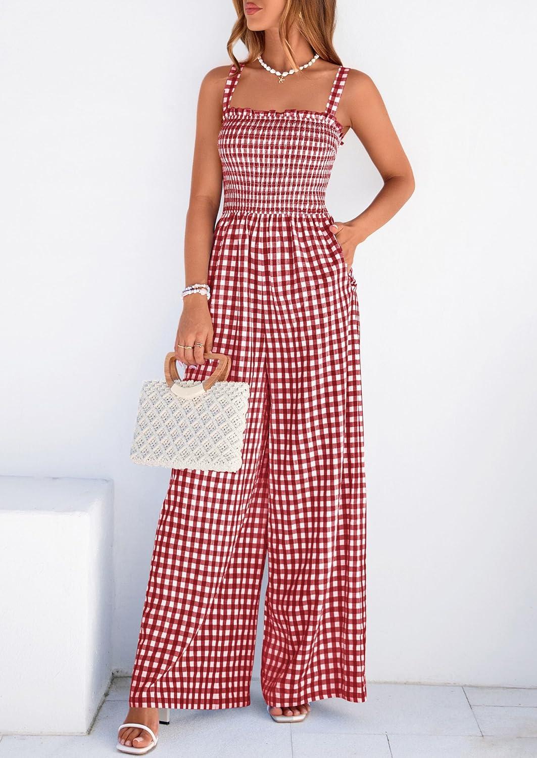 imagePRETTYGARDEN One Piece Jumpsuits for Women 2026 Summer Sleeveless Smocked Gingham Wide Leg Date Night Rompers Spring OutfitsBurgundy