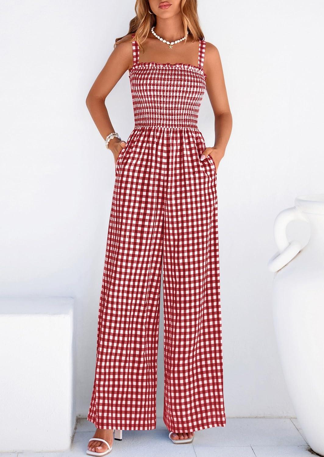 imagePRETTYGARDEN One Piece Jumpsuits for Women 2026 Summer Sleeveless Smocked Gingham Wide Leg Date Night Rompers Spring OutfitsBurgundy